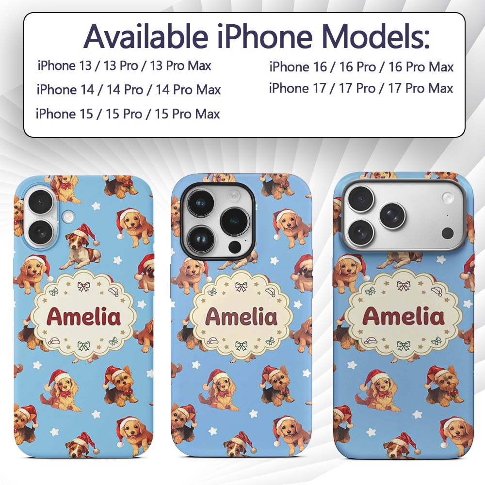 Cute Christmas Puppies Santa Hat on Sky Blue Star Custom Name Protective Phone Case Mobile Cover Durable Everyday Smartphone Shock Resistant