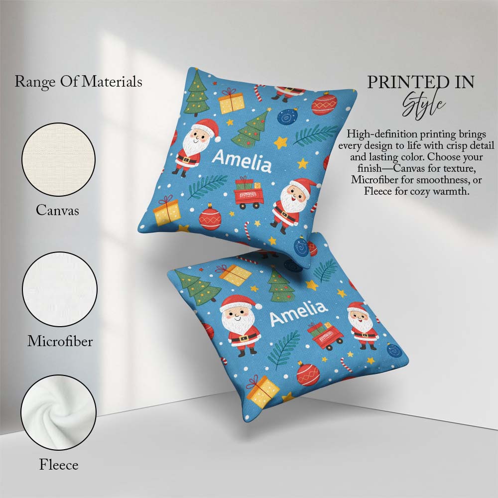 Custom Name Cute Santa Gifts Christmas Tree Blue Festive Pattern Square Filled Cushion Throw Pillow Sofa Bed Home Decor Zip Washable UK Made