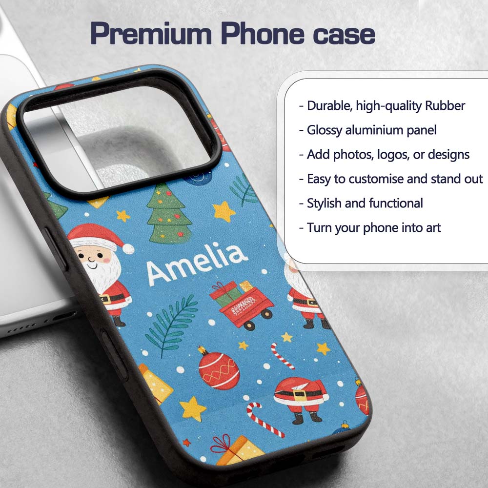 Cute Santa Gifts Christmas Tree Blue Festive Custom Name Protective Phone Case Mobile Cover Durable Everyday Smartphone Shock Resistant