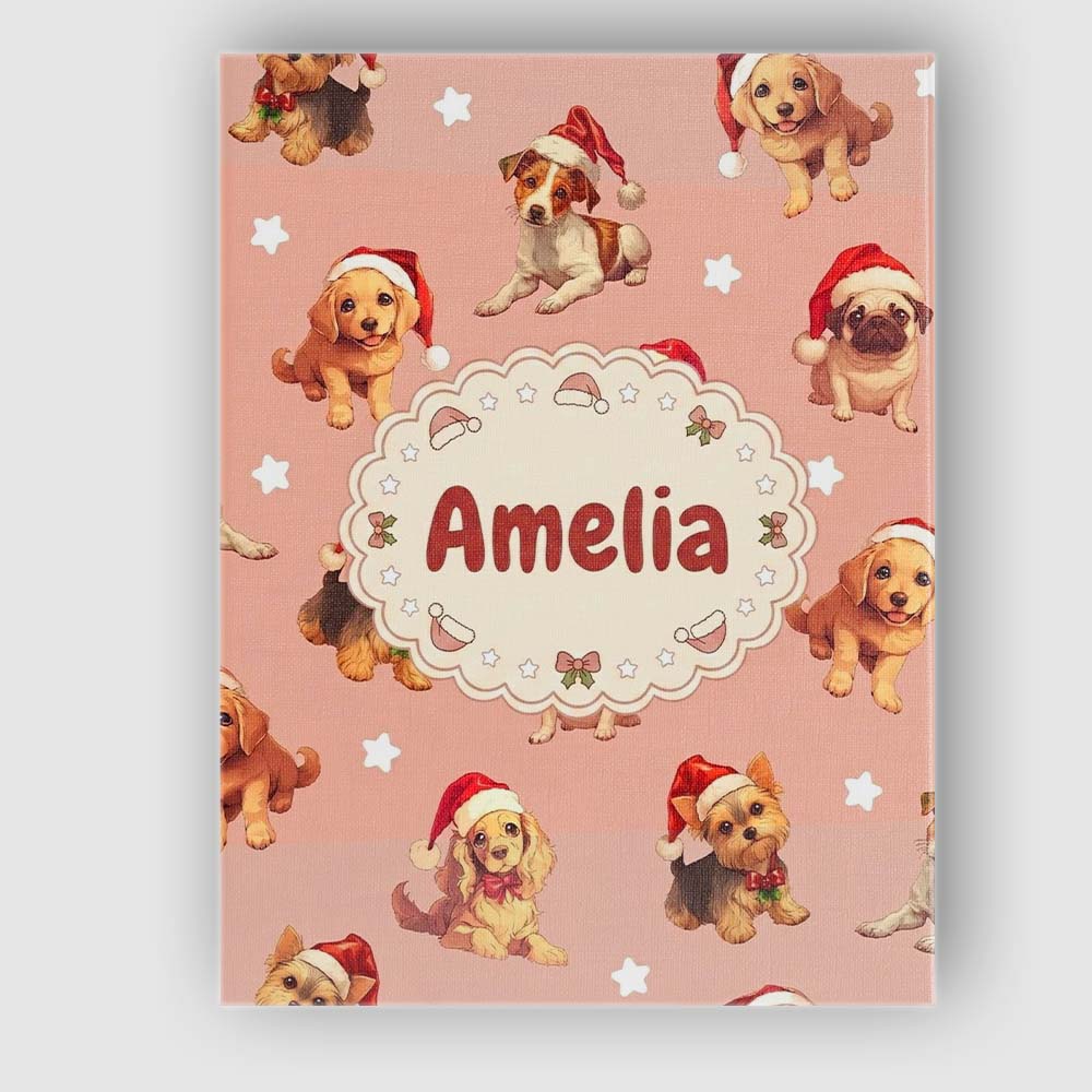 Personalised Name Cute Christmas Puppies Custom Unique Gift Idea Elegant Feature Canvas Wall Art Print Decor Picture Ready to Hang