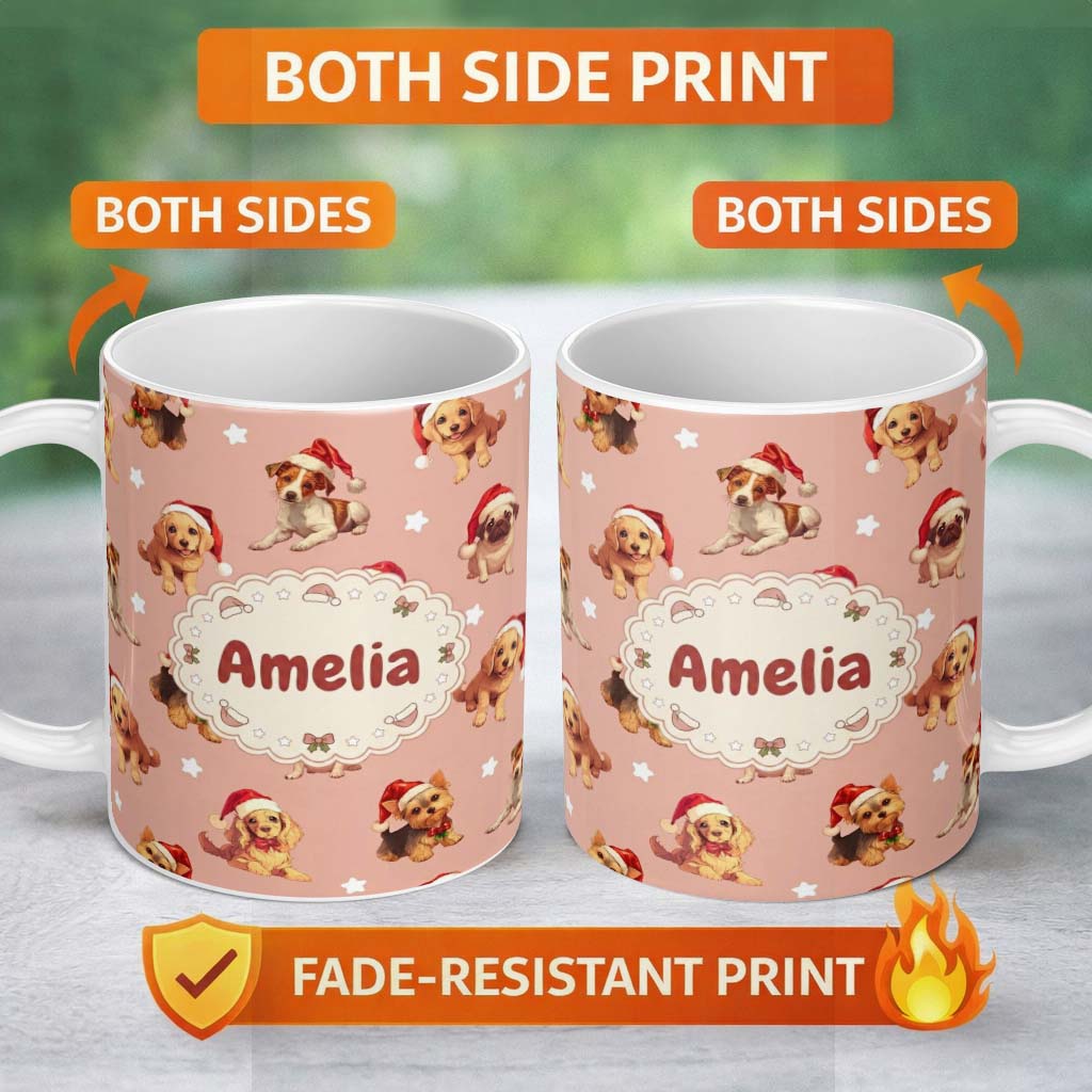 Personalized Custom Name Cute Christmas Puppies Santa Hat on Soft Peach Background Seamless 11oz Ceramic Coffee Tea Mug White Large Handle