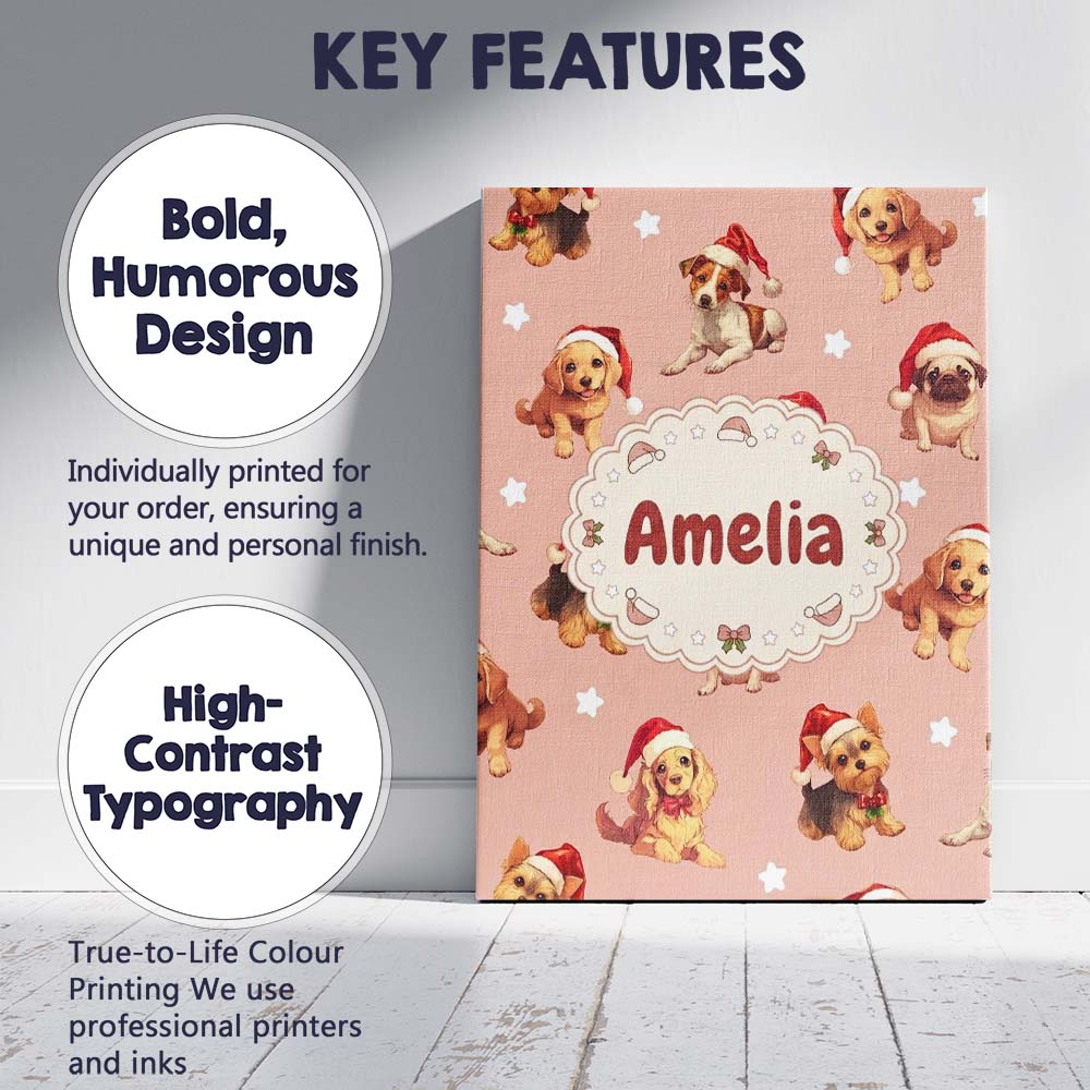 Personalised Name Cute Christmas Puppies Custom Unique Gift Idea Elegant Feature Canvas Wall Art Print Decor Picture Ready to Hang