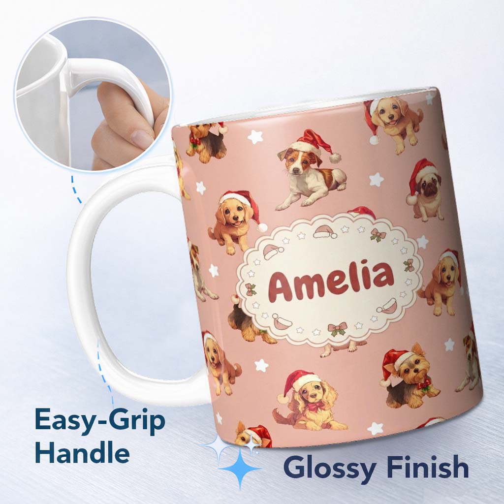 Personalized Custom Name Cute Christmas Puppies Santa Hat on Soft Peach Background Seamless 11oz Ceramic Coffee Tea Mug White Large Handle