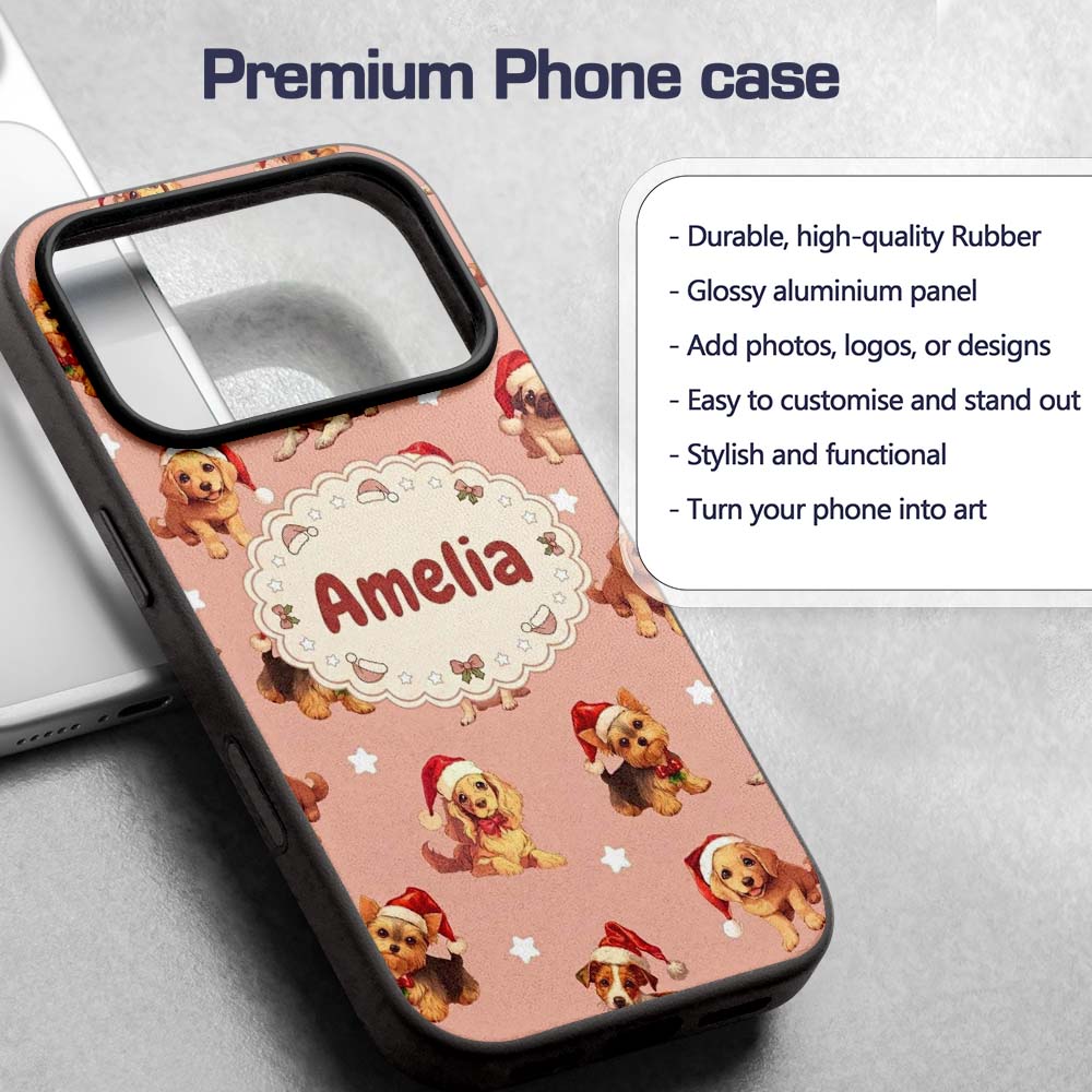 Cute Christmas Puppies Santa Hat on Soft Peach Custom Name Protective Phone Case Mobile Cover Durable Everyday Smartphone Shock Resistant