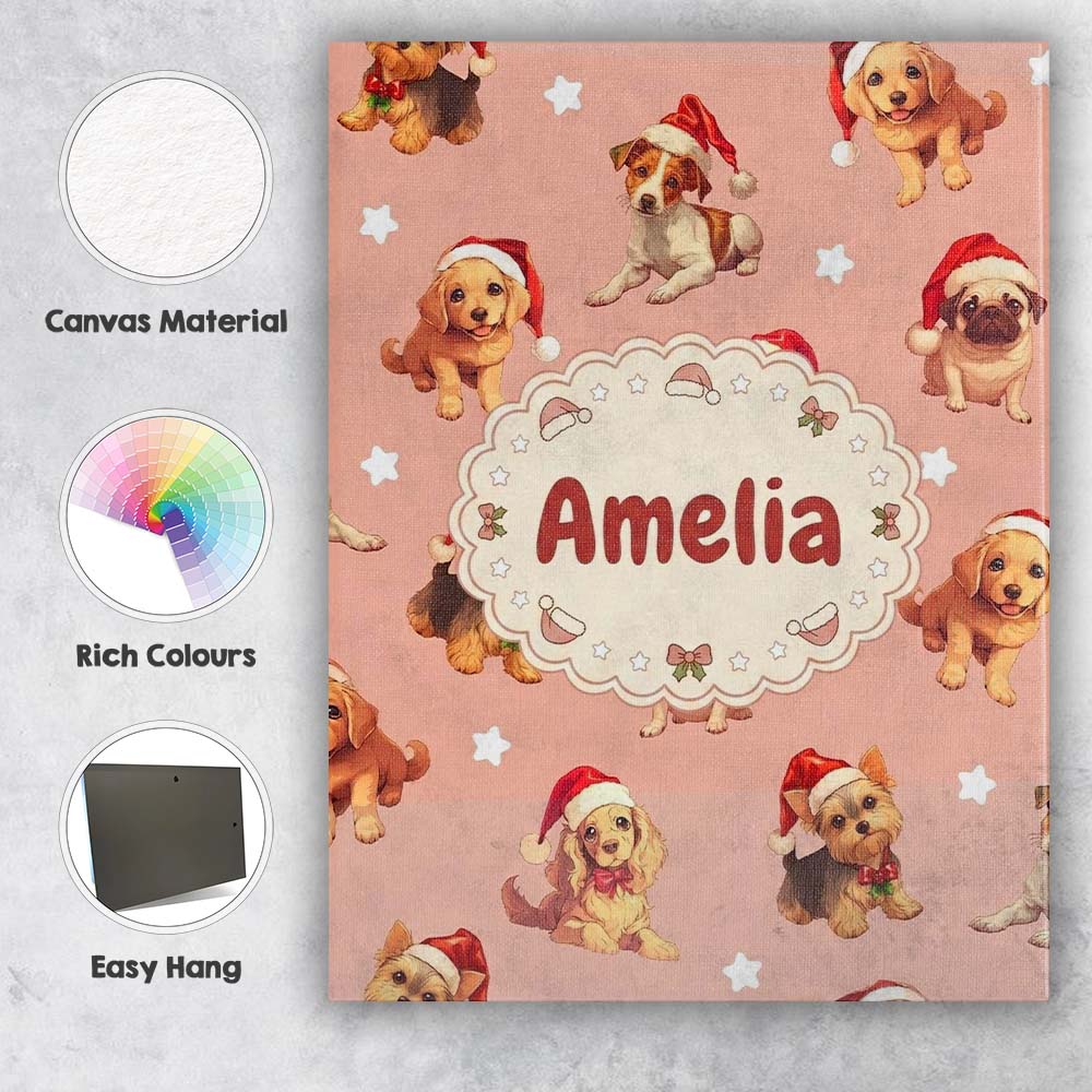 Personalised Name Cute Christmas Puppies Custom Unique Gift Idea Elegant Feature Canvas Wall Art Print Decor Picture Ready to Hang