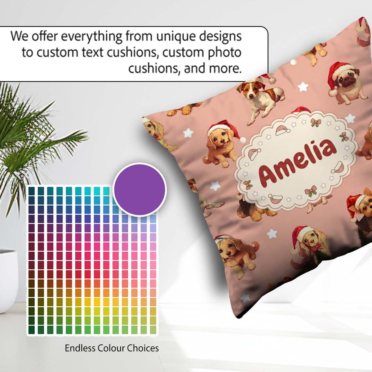 Custom Name Christmas Puppies Santa Hat on Soft Peach Background Square Filled Cushion Throw Pillow Sofa Bed Home Decor Zip Washable UK Made