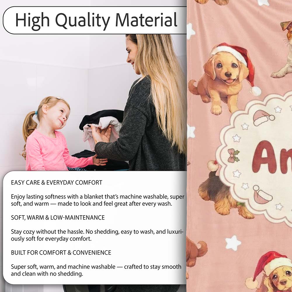 Cute Christmas Puppies Santa Hat on Soft Peach Background Seamless Personalised Custom Name Super Soft Fleece Blanket Bed Sofa Throw