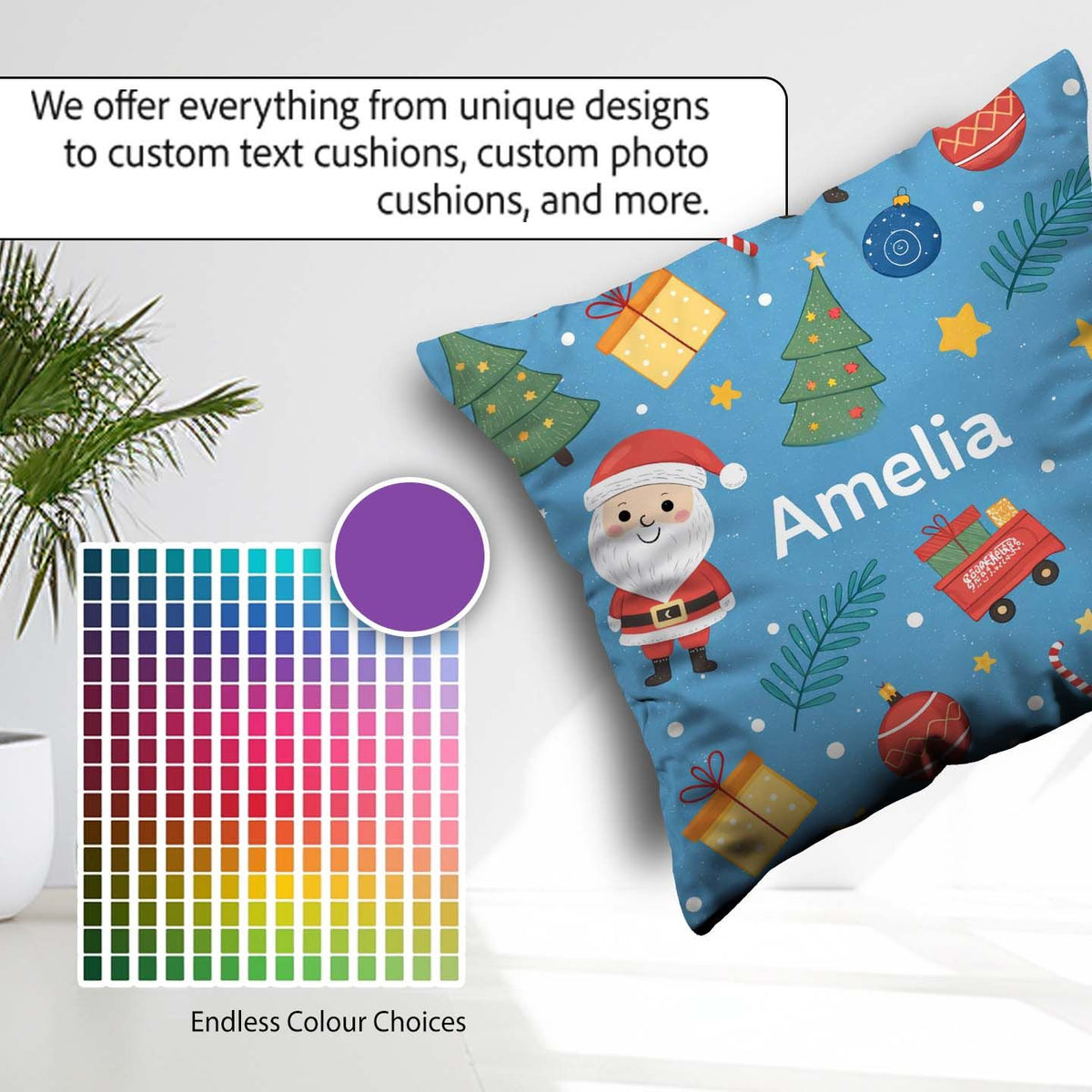 Custom Name Cute Santa Gifts Christmas Tree Blue Festive Pattern Square Filled Cushion Throw Pillow Sofa Bed Home Decor Zip Washable UK Made