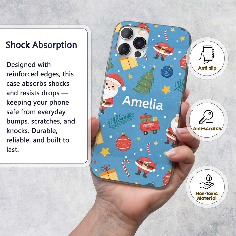 Cute Santa Gifts Christmas Tree Blue Festive Custom Name Protective Phone Case Mobile Cover Durable Everyday Smartphone Shock Resistant