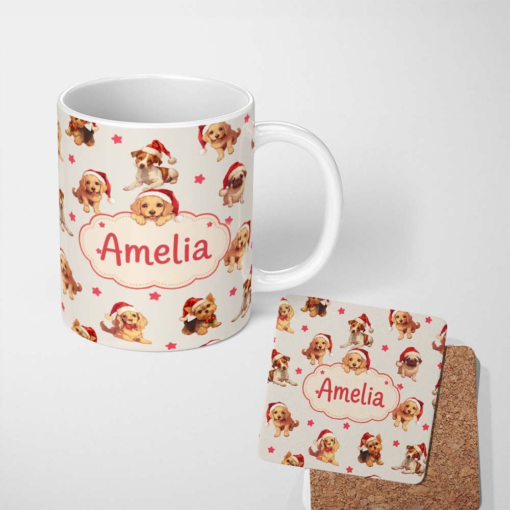 Personalized Custom Name Cute Christmas Puppies Santa Hat on Light Cream Background Seamless 11oz Ceramic Coffee Tea Mug White Large Handle