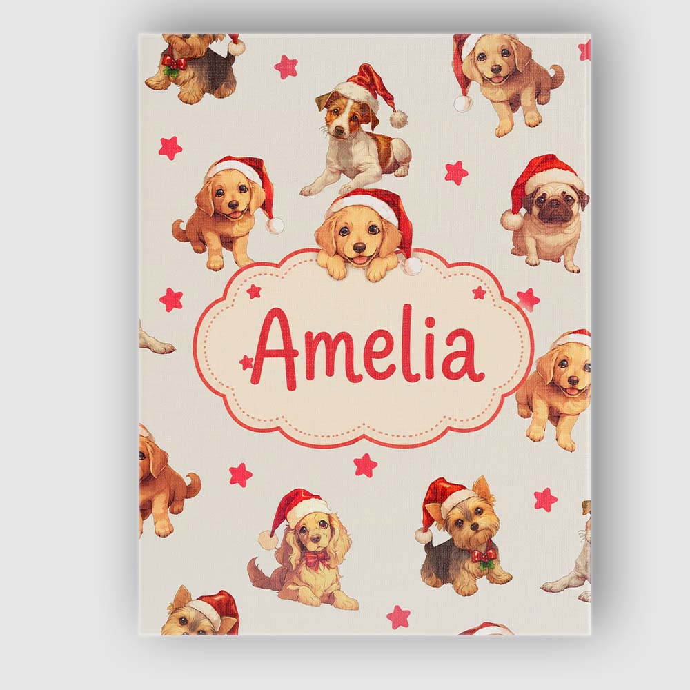 Personalised Name Cute Christmas Puppies Custom Unique Gift Idea Elegant Feature Canvas Wall Art Print Decor Picture Ready to Hang