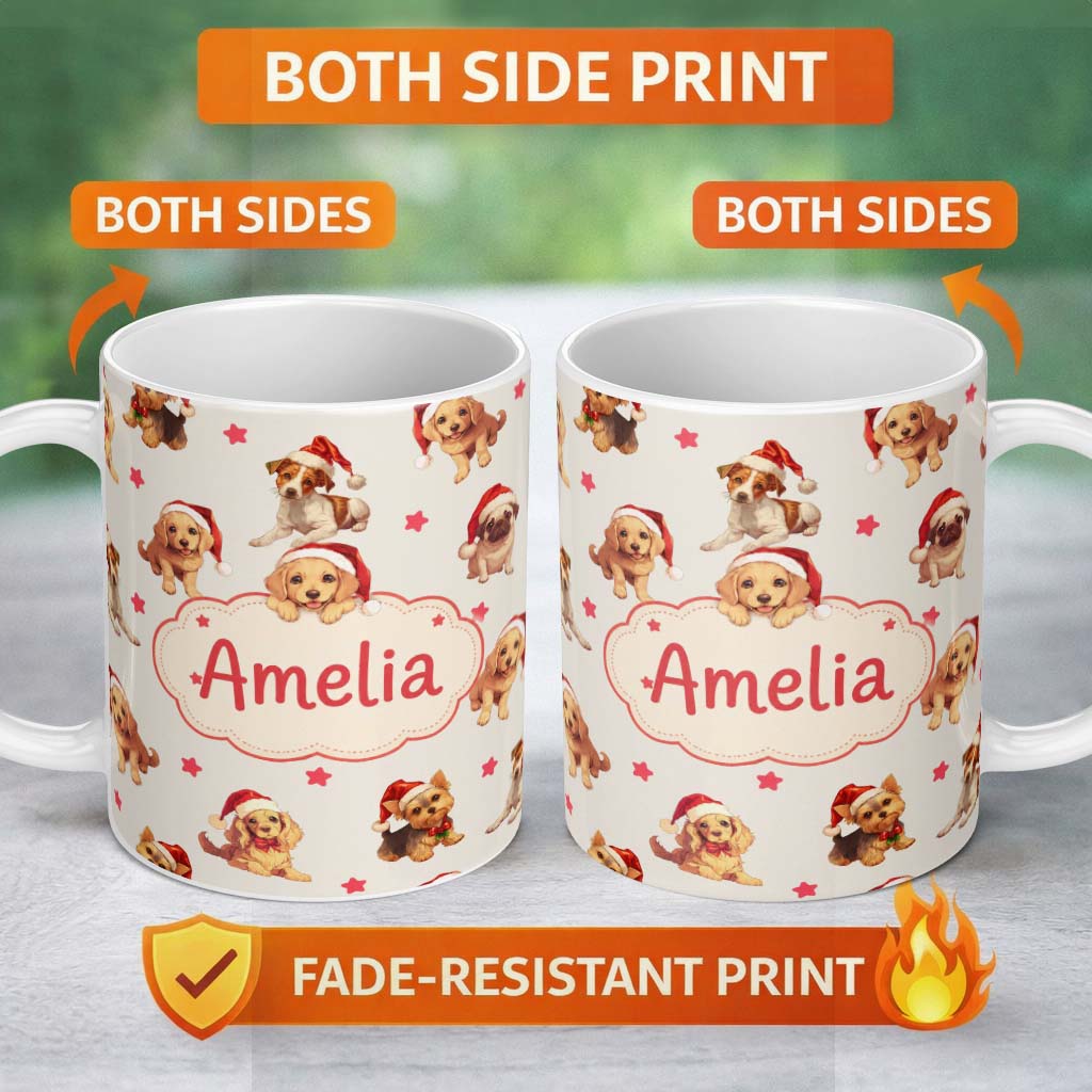 Personalized Custom Name Cute Christmas Puppies Santa Hat on Light Cream Background Seamless 11oz Ceramic Coffee Tea Mug White Large Handle