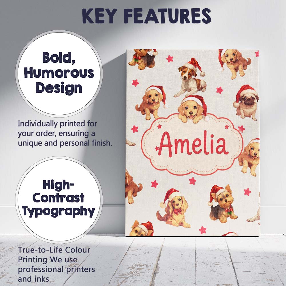 Personalised Name Cute Christmas Puppies Custom Unique Gift Idea Elegant Feature Canvas Wall Art Print Decor Picture Ready to Hang