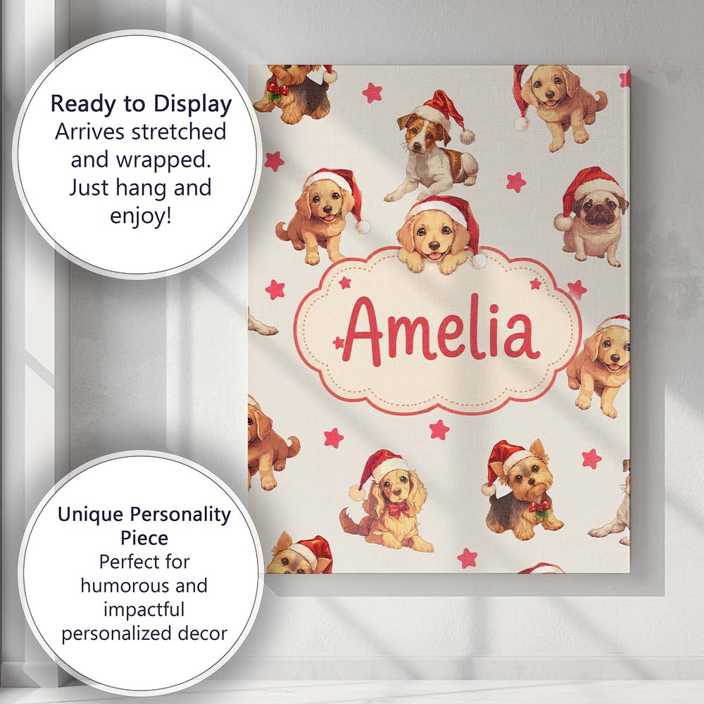 Personalised Name Cute Christmas Puppies Custom Unique Gift Idea Elegant Feature Canvas Wall Art Print Decor Picture Ready to Hang