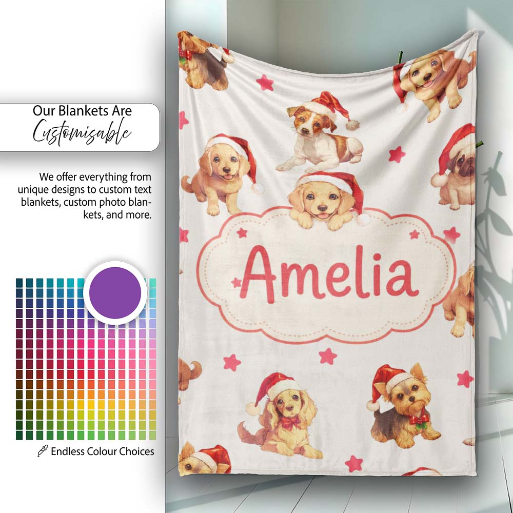 Cute Christmas Puppies Santa Hat on Light Cream Background Seamless Personalised Custom Name Super Soft Fleece Blanket Bed Sofa Throw