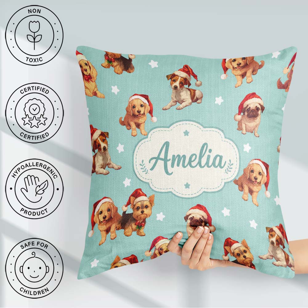 Custom Name Christmas Puppies Santa Hat on Mint Green Background Square Filled Cushion Throw Pillow Sofa Bed Home Decor Zip Washable UK Made