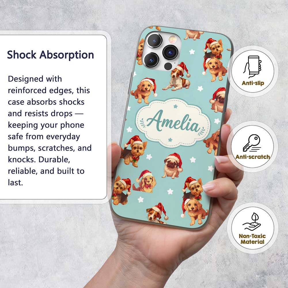 Cute Christmas Puppies Santa Hat on Mint Green Custom Name Protective Phone Case Mobile Cover Durable Everyday Smartphone Shock Resistant