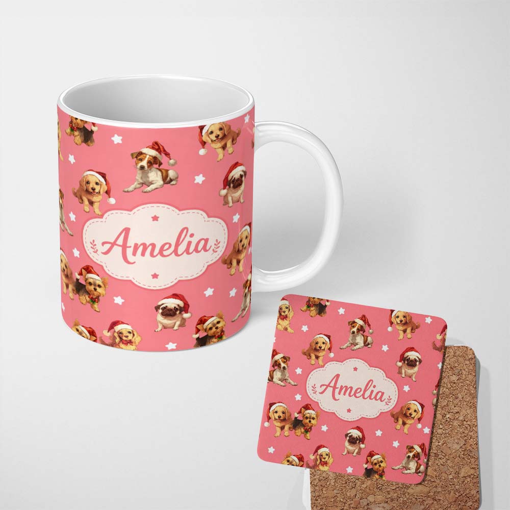 Personalized Custom Name Cute Christmas Puppies Santa Hat on Warm Coral Pink Background 11oz Ceramic Coffee Tea Mug White Large Handle