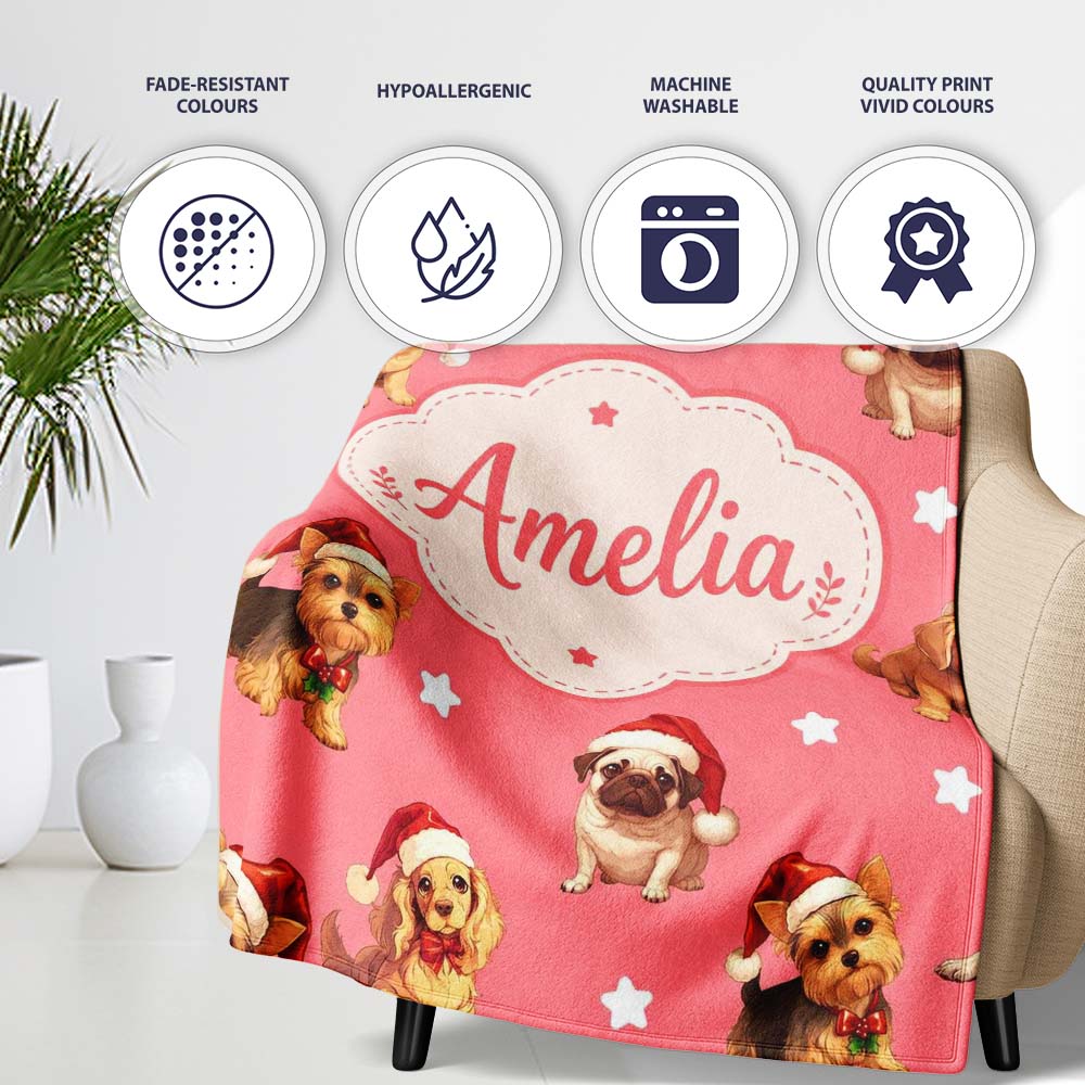 Cute Christmas Puppies Santa Hat on Warm Coral Pink Background Personalised Custom Name Super Soft Fleece Blanket Bed Sofa Throw