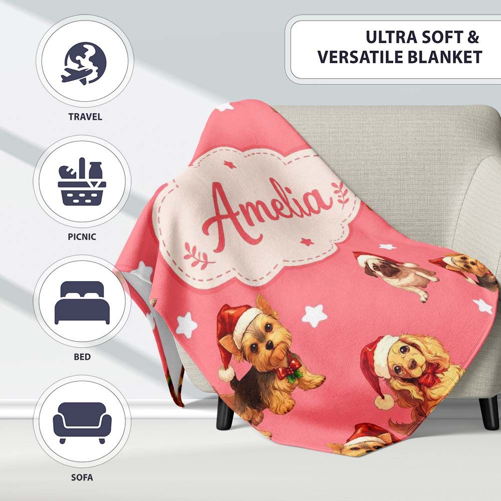 Cute Christmas Puppies Santa Hat on Warm Coral Pink Background Personalised Custom Name Super Soft Fleece Blanket Bed Sofa Throw