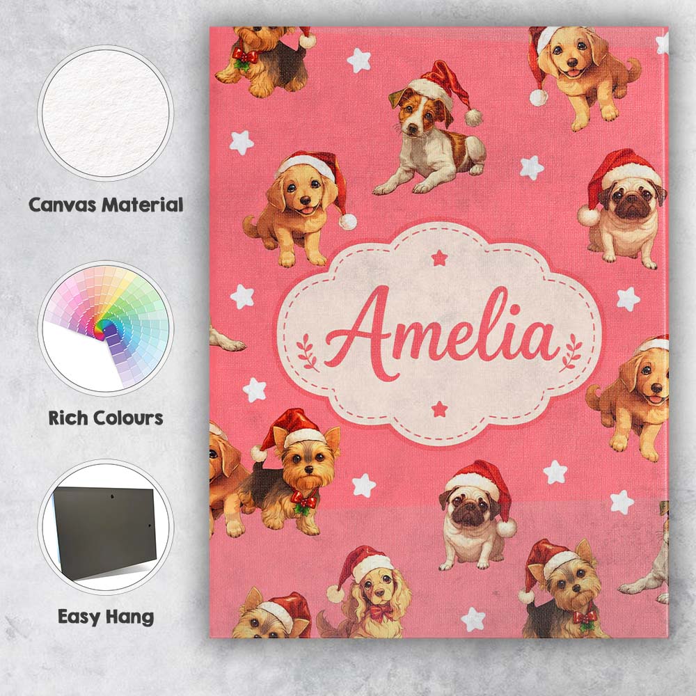 Personalised Name Cute Christmas Puppies Custom Unique Gift Idea Elegant Feature Canvas Wall Art Print Decor Picture Ready to Hang