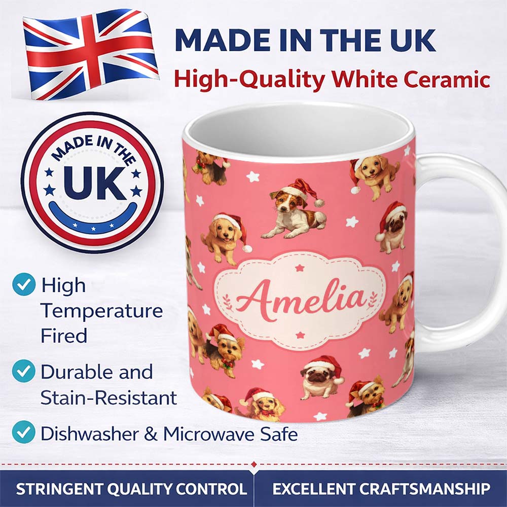 Personalized Custom Name Cute Christmas Puppies Santa Hat on Warm Coral Pink Background 11oz Ceramic Coffee Tea Mug White Large Handle