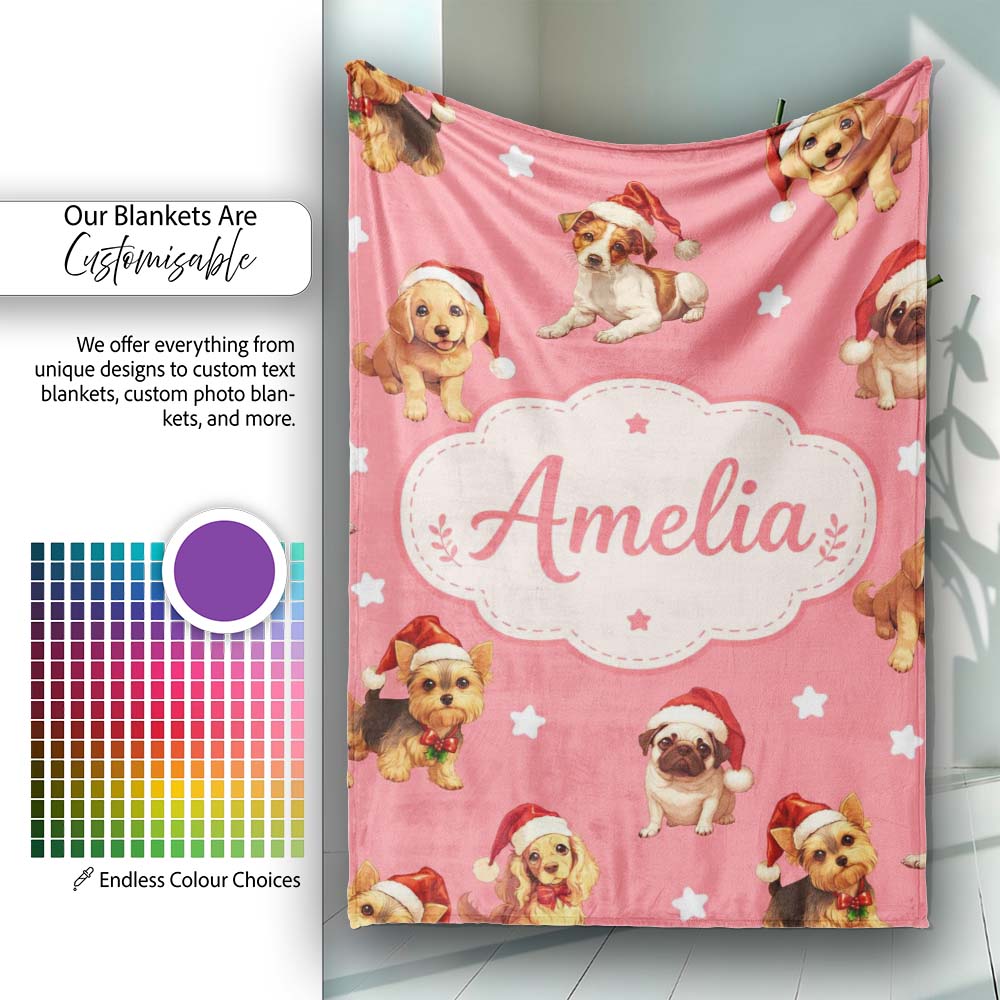 Cute Christmas Puppies Santa Hat on Warm Coral Pink Background Personalised Custom Name Super Soft Fleece Blanket Bed Sofa Throw