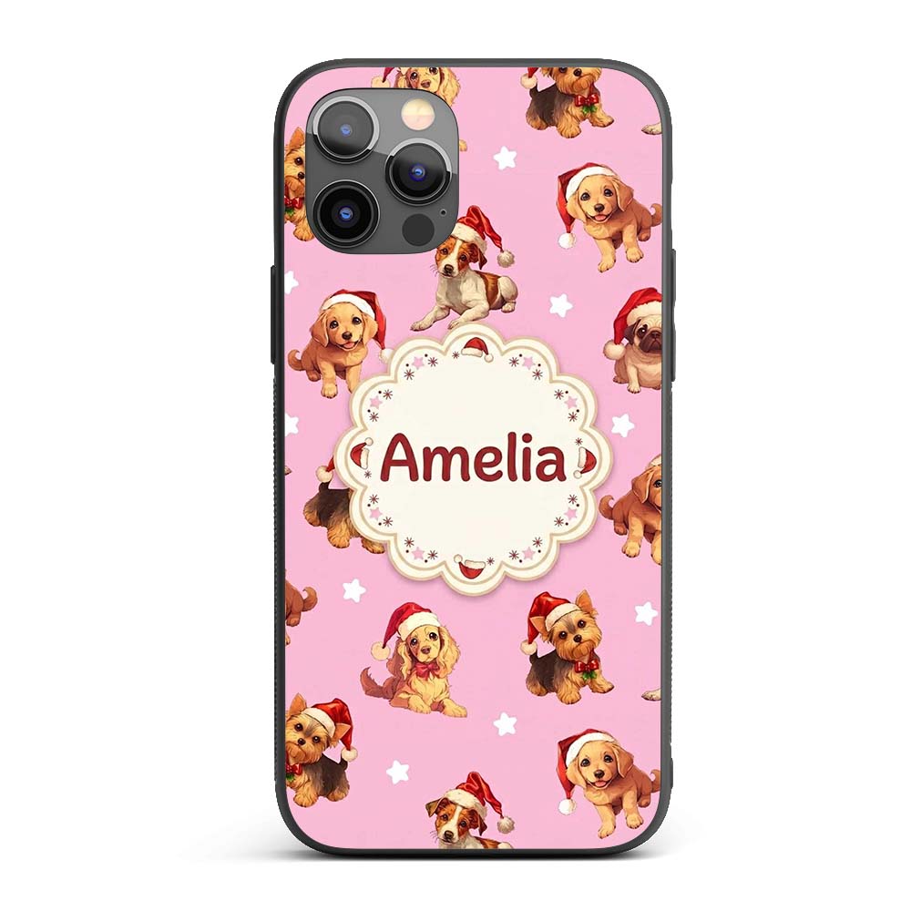 Cute Christmas Puppies Santa Hat on Dusty Pink Custom Name Protective Phone Case Mobile Cover Durable Everyday Smartphone Shock Resistant