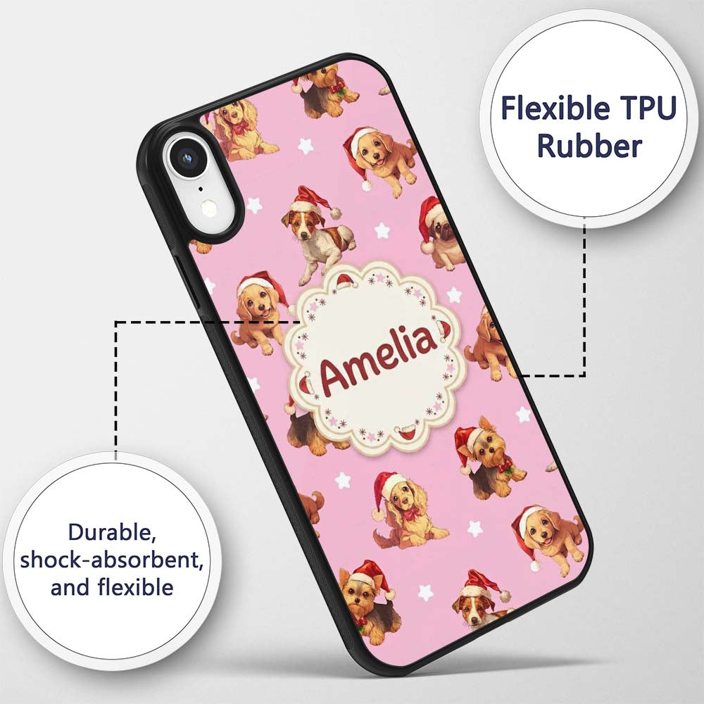 Cute Christmas Puppies Santa Hat on Dusty Pink Custom Name Protective Phone Case Mobile Cover Durable Everyday Smartphone Shock Resistant