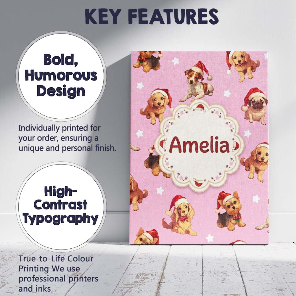 Personalised Name Cute Christmas Puppies Custom Unique Gift Idea Elegant Feature Canvas Wall Art Print Decor Picture Ready to Hang