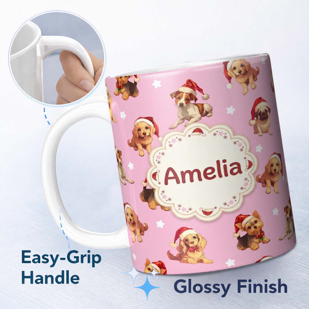 Personalized Custom Name Cute Christmas Puppies Santa Hat on Dusty Pink Background Seamless 11oz Ceramic Coffee Tea Mug White Large Handle