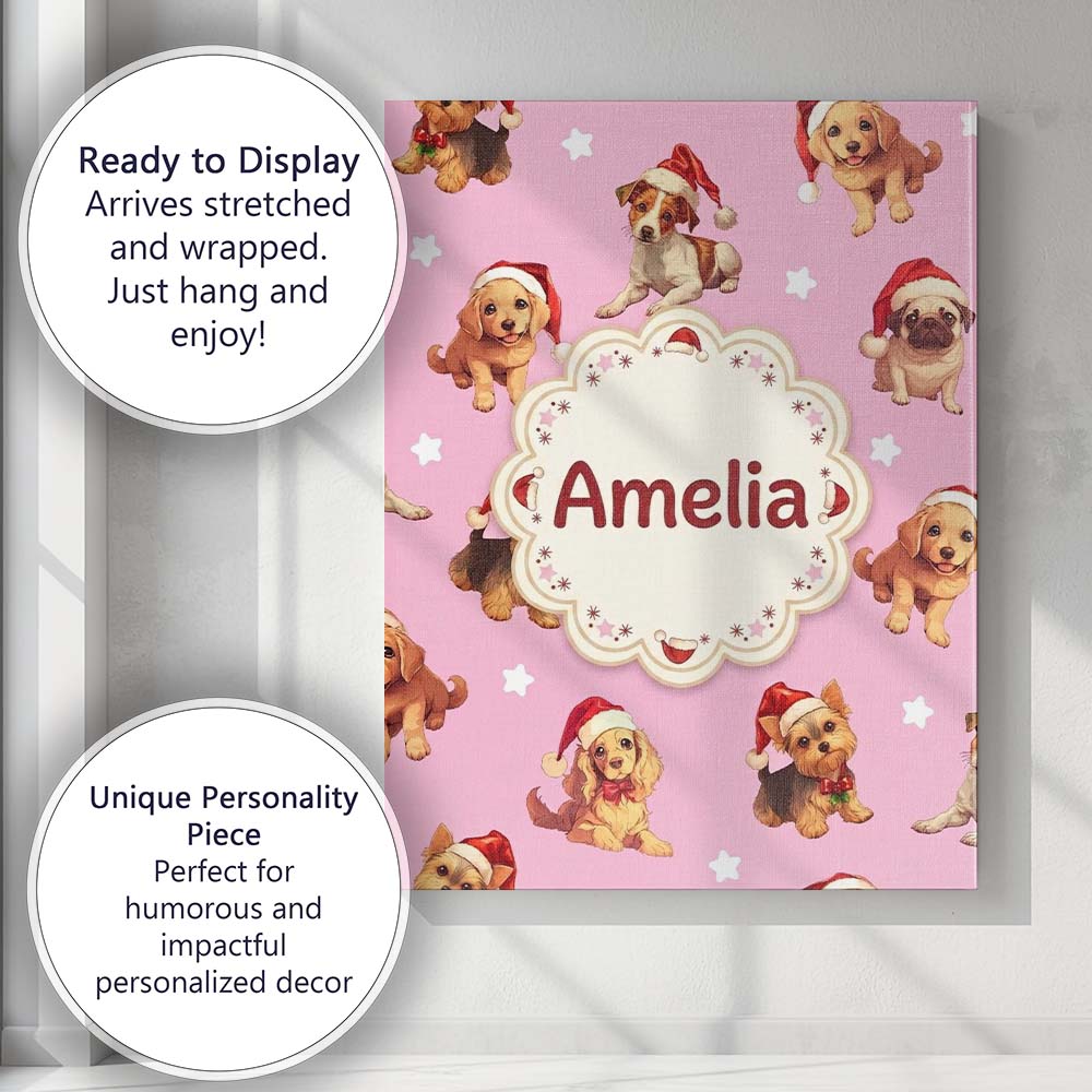 Personalised Name Cute Christmas Puppies Custom Unique Gift Idea Elegant Feature Canvas Wall Art Print Decor Picture Ready to Hang