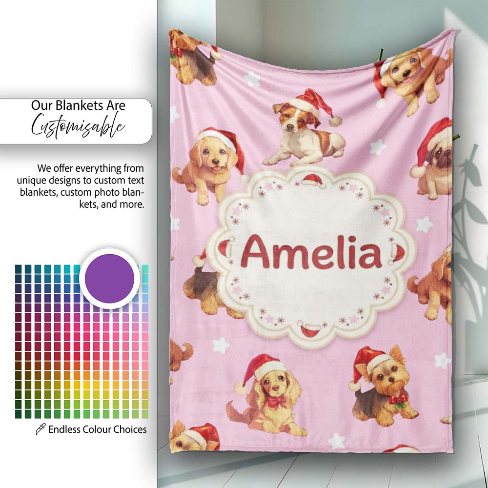 Cute Christmas Puppies Santa Hat on Dusty Pink Background Seamless Personalised Custom Name Super Soft Fleece Blanket Bed Sofa Throw