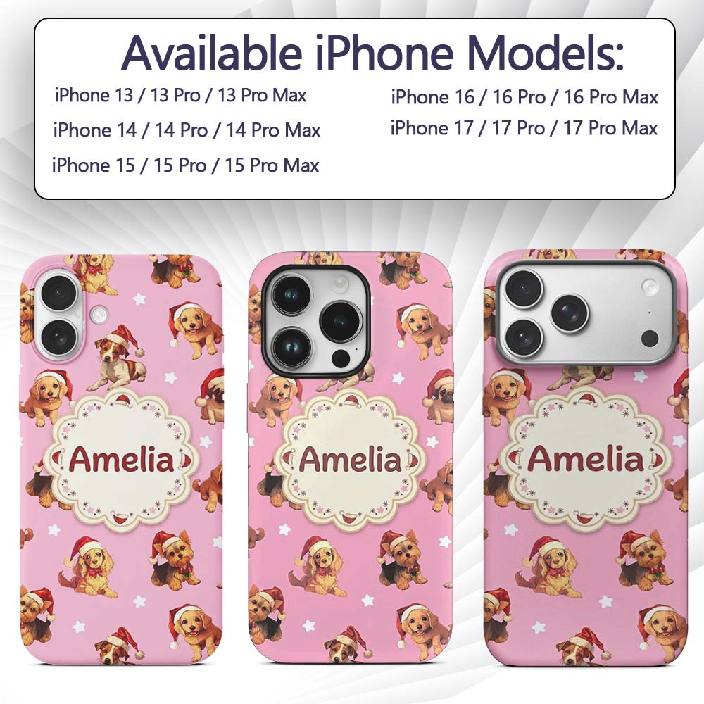 Cute Christmas Puppies Santa Hat on Dusty Pink Custom Name Protective Phone Case Mobile Cover Durable Everyday Smartphone Shock Resistant