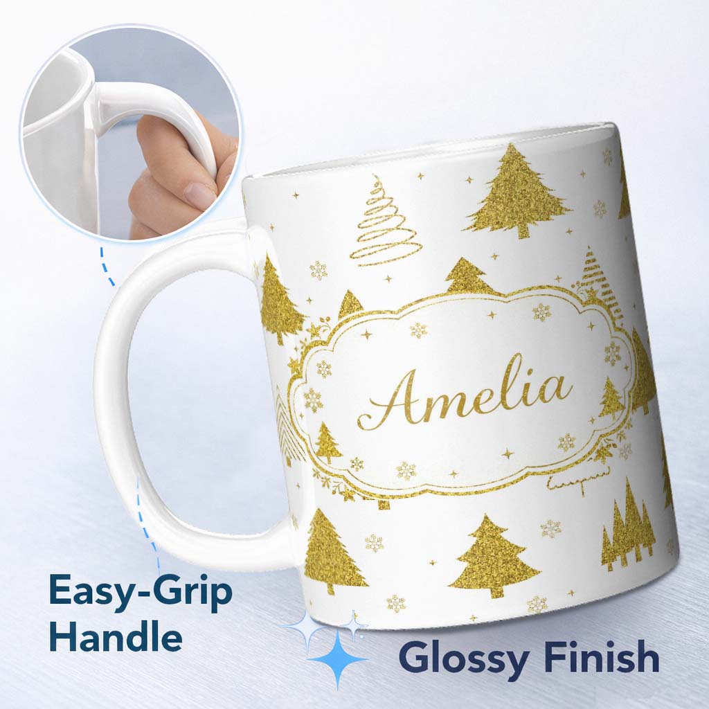 Personalized Custom Name Gold Glitter Christmas Tree Pattern White Background Seamless Lovely 11oz Ceramic Coffee Tea Mug White Large Handle