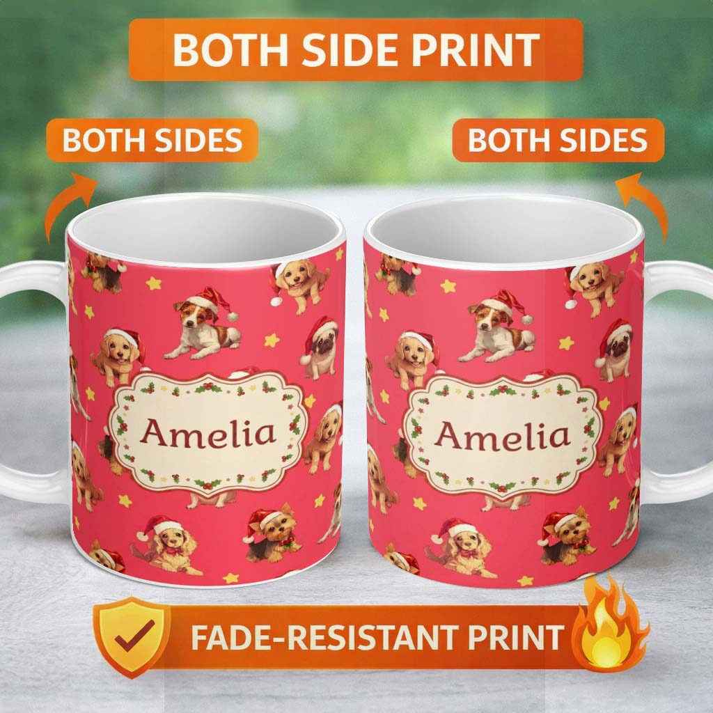 Personalized Custom Name Cute Christmas Puppies Santa Hat on Bright Red Background Seamless 11oz Ceramic Coffee Tea Mug White Large Handle