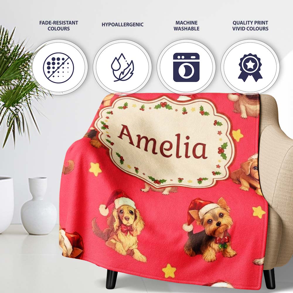 Cute Christmas Puppies Santa Hat on Bright Red Background Seamless Personalised Custom Name Super Soft Fleece Blanket Bed Sofa Throw