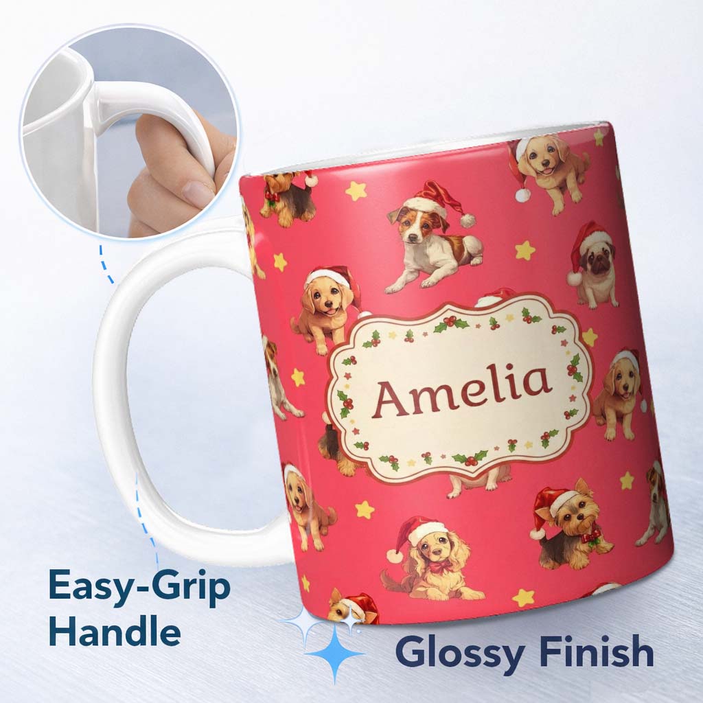 Personalized Custom Name Cute Christmas Puppies Santa Hat on Bright Red Background Seamless 11oz Ceramic Coffee Tea Mug White Large Handle