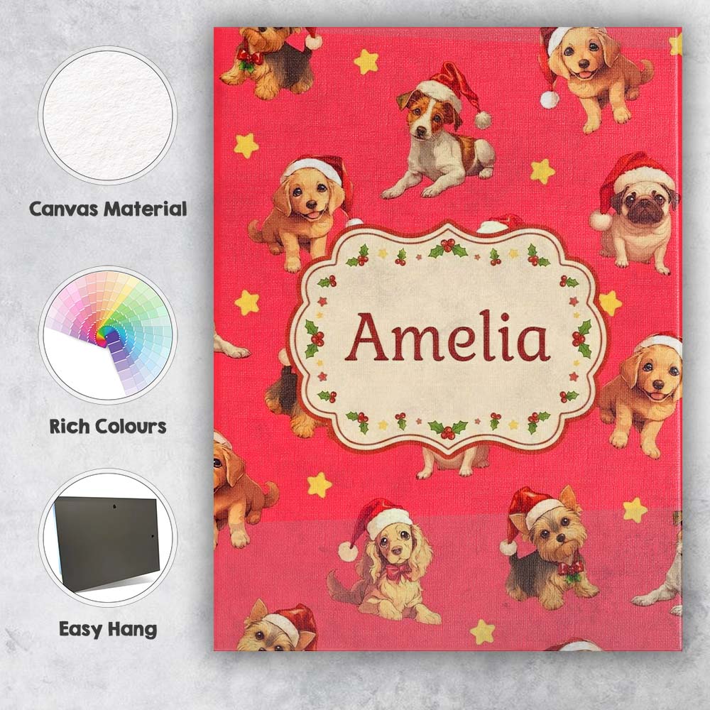 Personalised Name Cute Christmas Puppies Custom Unique Gift Idea Elegant Feature Canvas Wall Art Print Decor Picture Ready to Hang