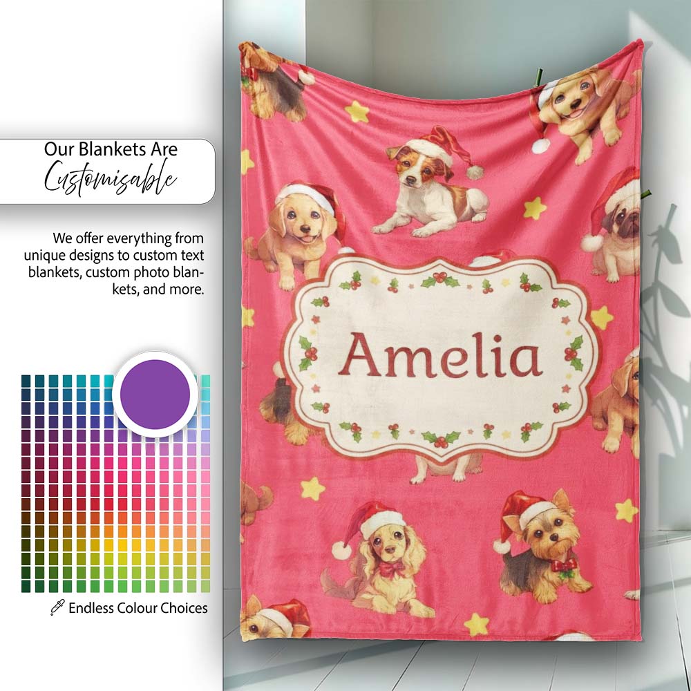 Cute Christmas Puppies Santa Hat on Bright Red Background Seamless Personalised Custom Name Super Soft Fleece Blanket Bed Sofa Throw