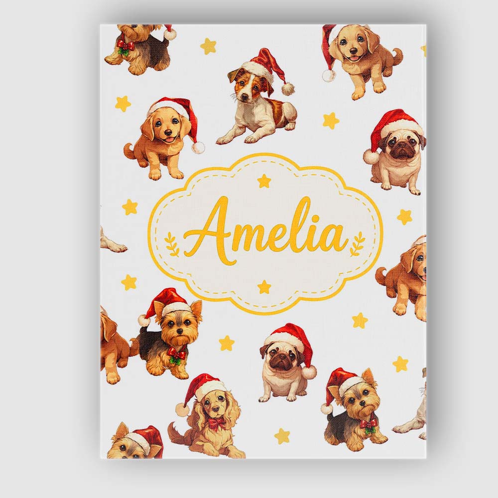 Personalised Name Cute Christmas Puppies Custom Unique Gift Idea Elegant Feature Canvas Wall Art Print Decor Picture Ready to Hang