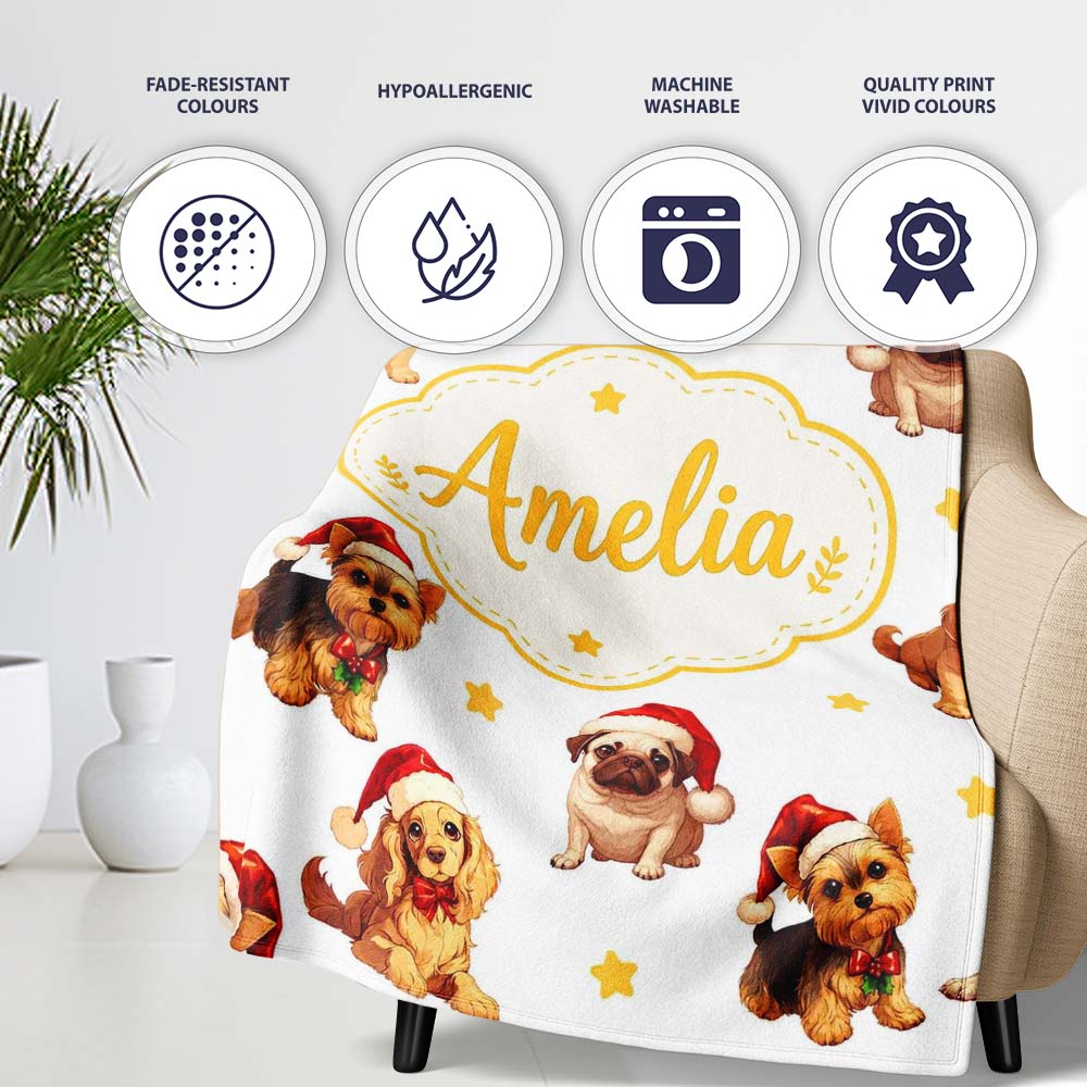 Cute Christmas Puppies Santa Hat on Soft Grey Background Seamless Personalised Custom Name Super Soft Fleece Blanket Bed Sofa Throw