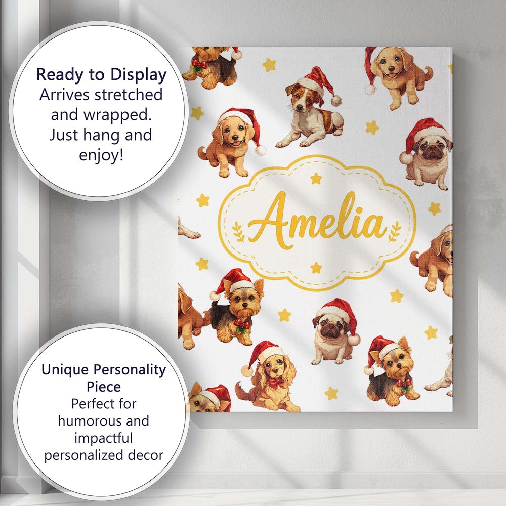 Personalised Name Cute Christmas Puppies Custom Unique Gift Idea Elegant Feature Canvas Wall Art Print Decor Picture Ready to Hang