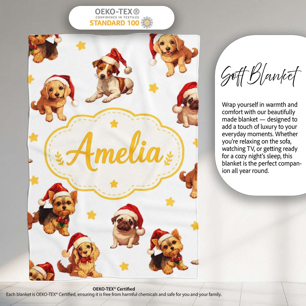 Cute Christmas Puppies Santa Hat on Soft Grey Background Seamless Personalised Custom Name Super Soft Fleece Blanket Bed Sofa Throw