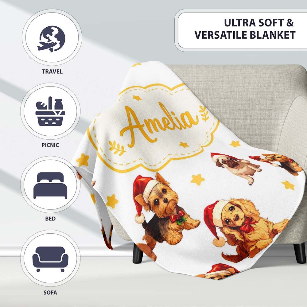 Cute Christmas Puppies Santa Hat on Soft Grey Background Seamless Personalised Custom Name Super Soft Fleece Blanket Bed Sofa Throw