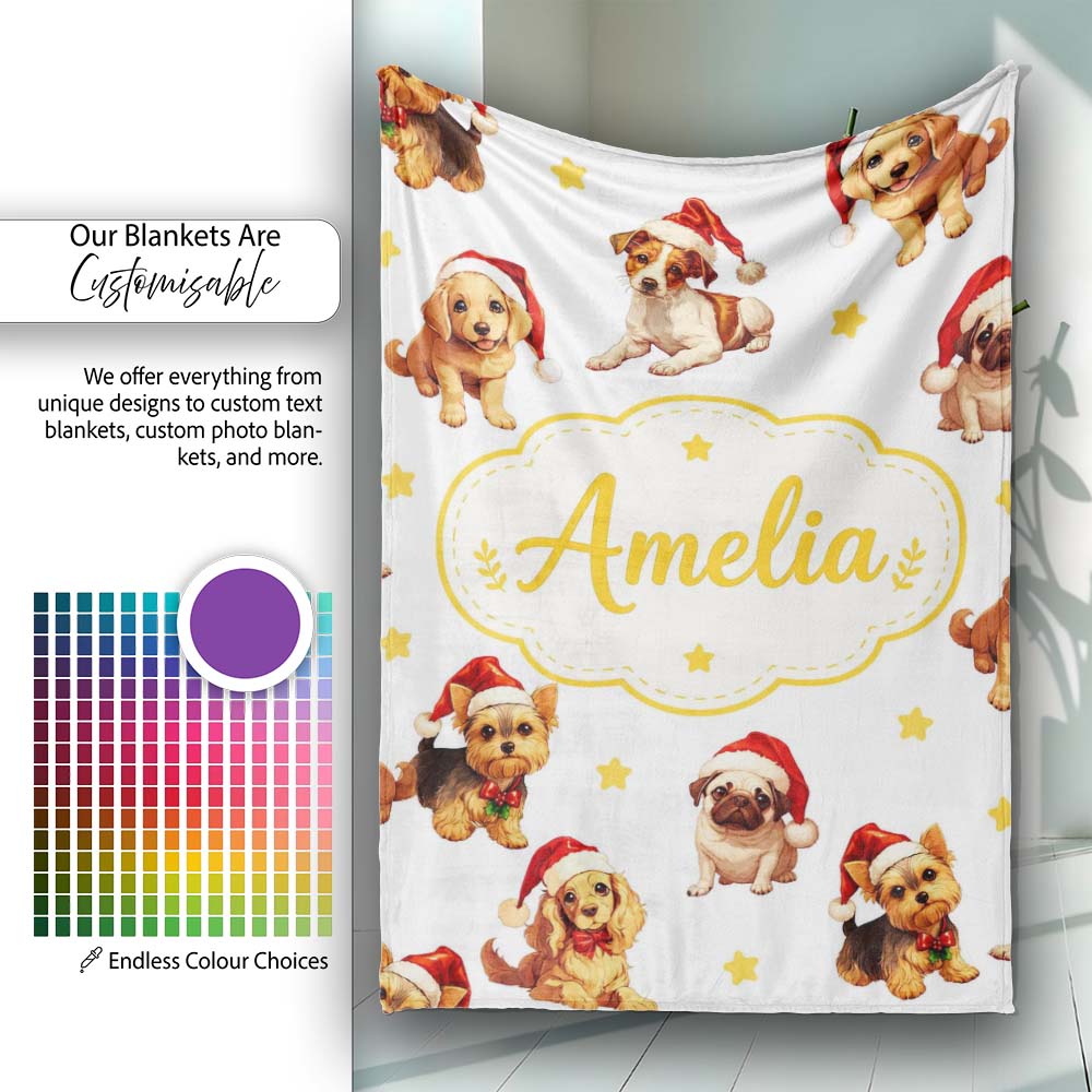 Cute Christmas Puppies Santa Hat on Soft Grey Background Seamless Personalised Custom Name Super Soft Fleece Blanket Bed Sofa Throw