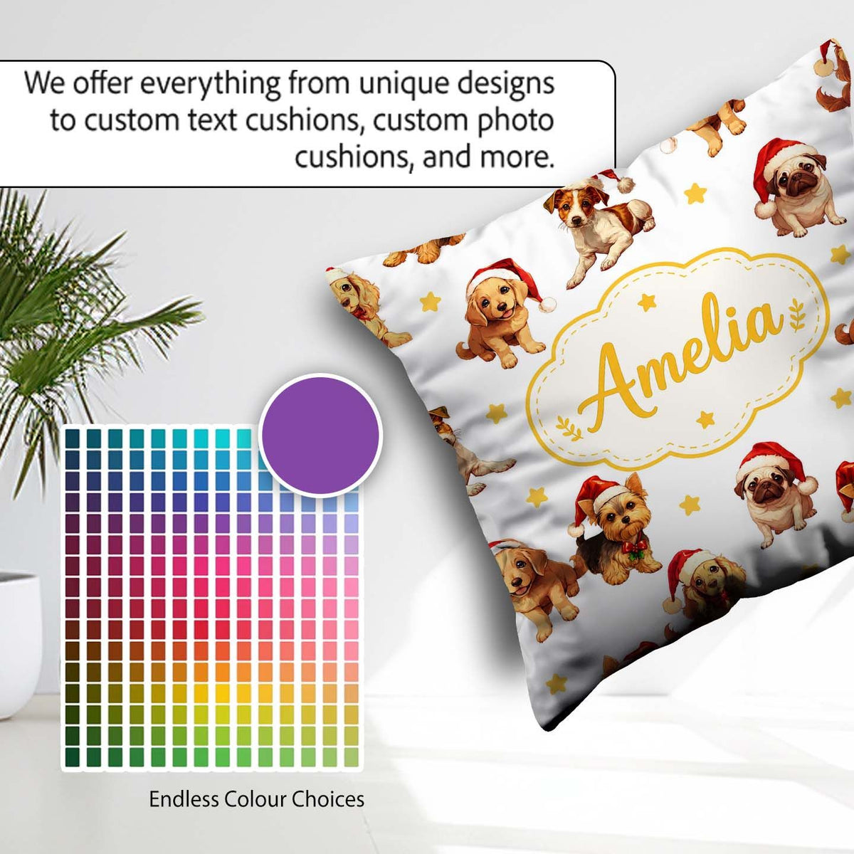 Custom Name Christmas Santa Hat on Soft Grey Background Seamless Square Filled Cushion Throw Pillow Sofa Bed Home Decor Zip Washable UK Made