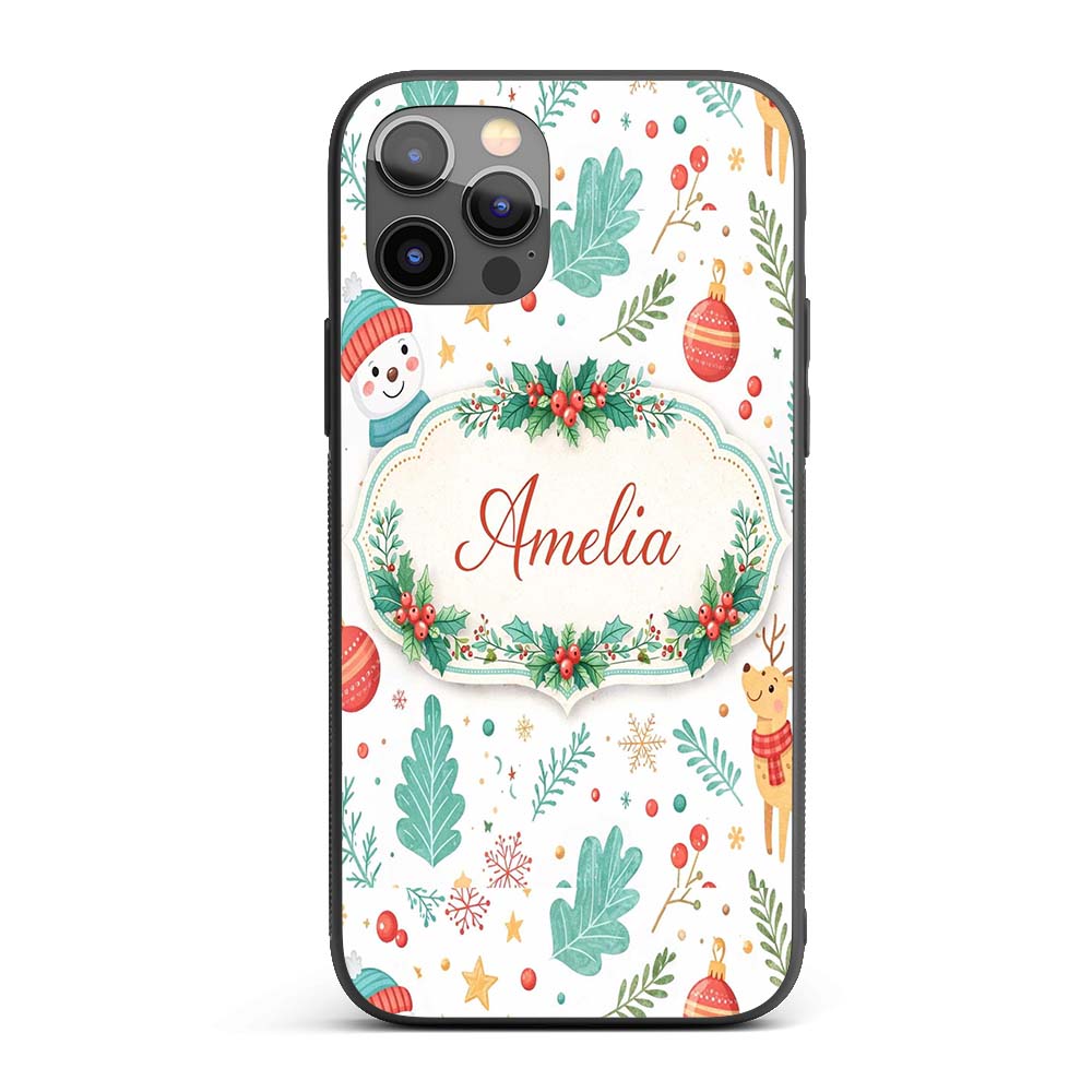 Snowman Reindeer Wreath Winter Christmas Cute Custom Name Protective Phone Case Mobile Cover Durable Everyday Smartphone Shock Resistant
