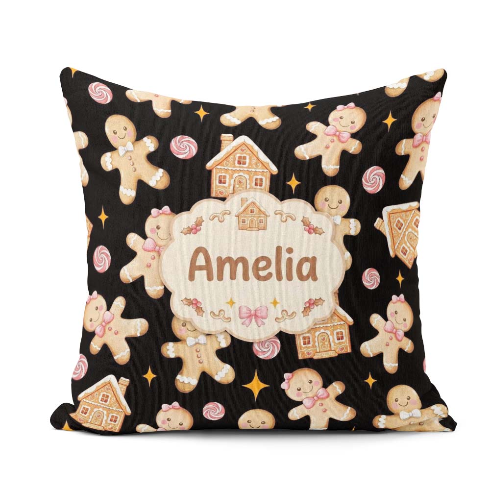 Custom Name Gingerbread Candy House on Black Background Seamless Square Filled Cushion Throw Pillow Sofa Bed Home Decor Zip Washable UK Made