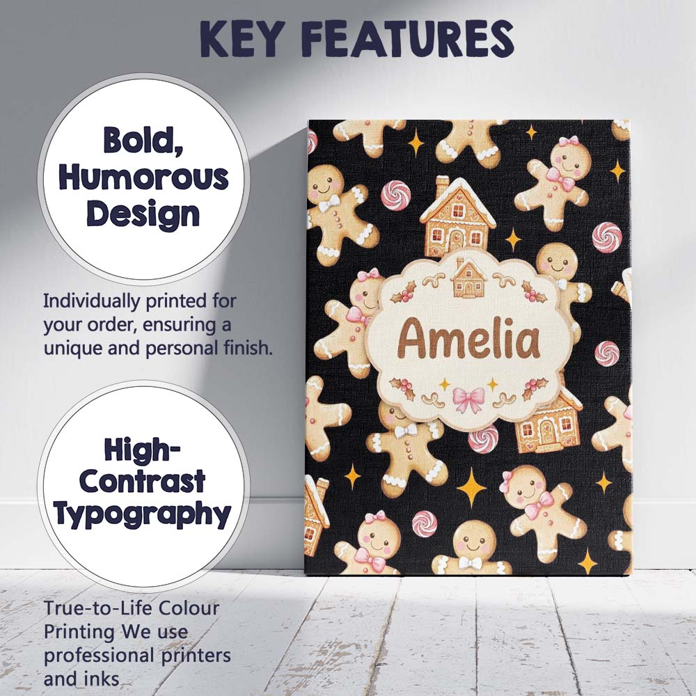 Personalised Name Cute Gingerbread Cookies Custom Unique Gift Idea Elegant Feature Canvas Wall Art Print Decor Picture Ready to Hang